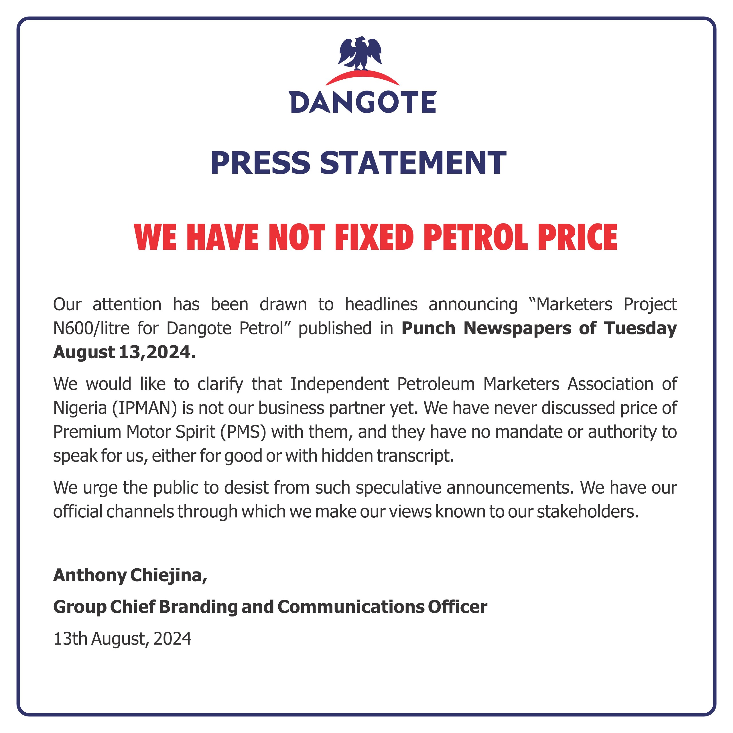 20240814_084730 Dangote Group Clarifies Position on Speculative Petrol Pricing Claims. 